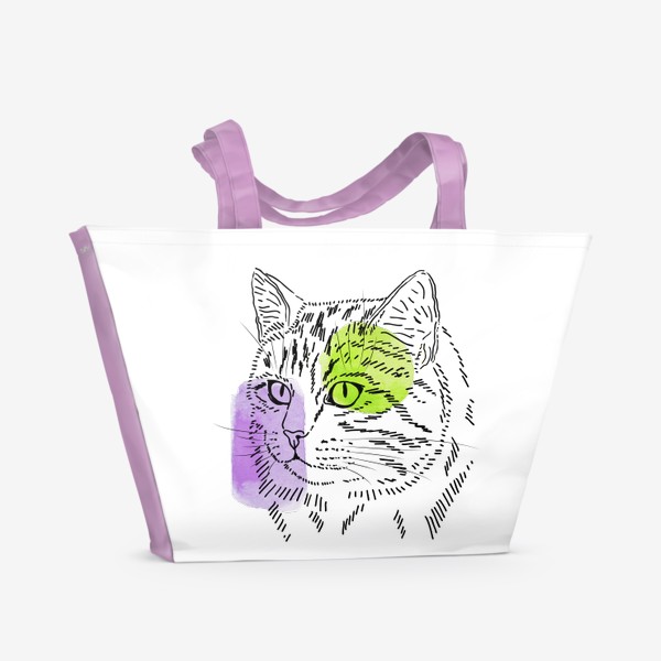 Пляжная сумка &laquo;Акварельная кошка. Сиреневый и салатовый&raquo;