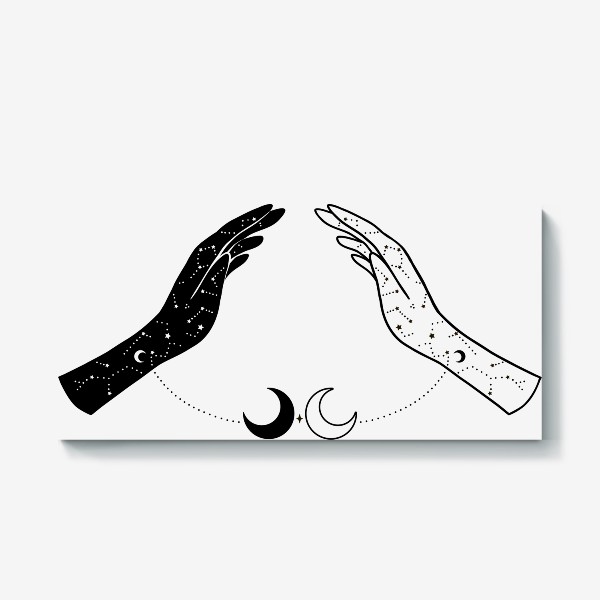 Холст «Magic hand,фазы луны, созвездие, звезды, руки лайн, минимализм, магия, бохо»