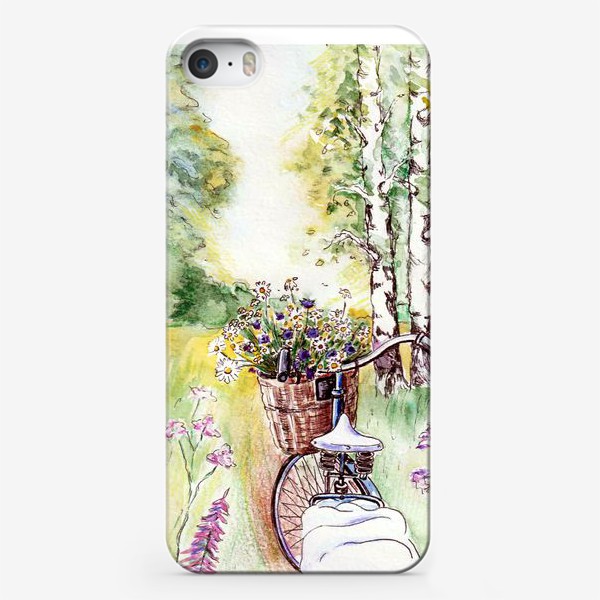 Чехол iPhone «Велосипед с корзиной. Лес. Березы. Пейзаж»