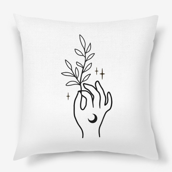 Подушка «Magic hand, рука, магия, минимализм, линии, растения, луна, полумесяц, лесная ведьма»