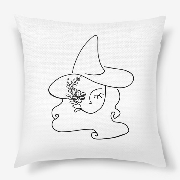 Подушка «Witch, floral, Ведьма, лицо девушки, лайн арт, цветы и девушка, женское лицо минимализм линия»