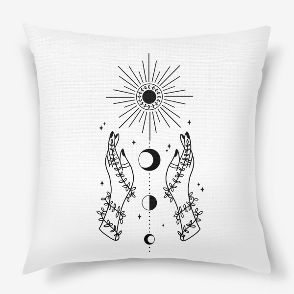 Подушка «Magic hand,фазы луны, растения, колдовство, руки лайн, минимализм, магия, бохо»