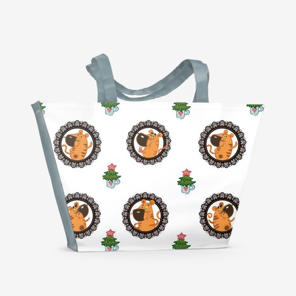 Пляжная сумка «Новогодний паттерн. Тигр в венке. Елка.»