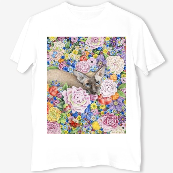 Футболка &laquo;Кошка в цветах, сфинкс (кот, сфинкс, цветы, бабочки)&raquo;