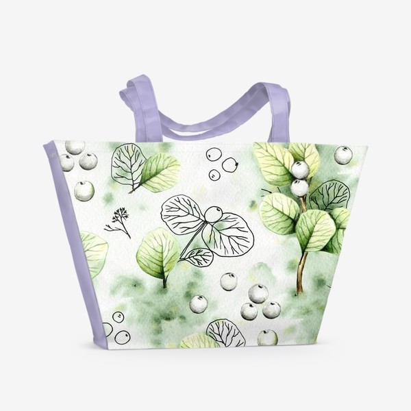 Пляжная сумка «Осенние веточки с ягодами акварель и черный контур на зеленом фоне»