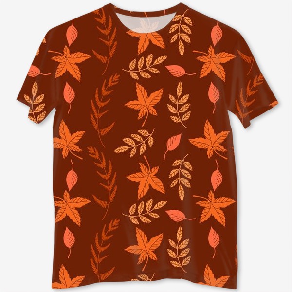 Футболка с полной запечаткой &laquo;Осенние листья на коричнево красном&raquo;