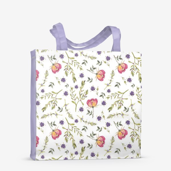 Сумка-шоппер «Розы и фиолетовые цветы на белом фоне»