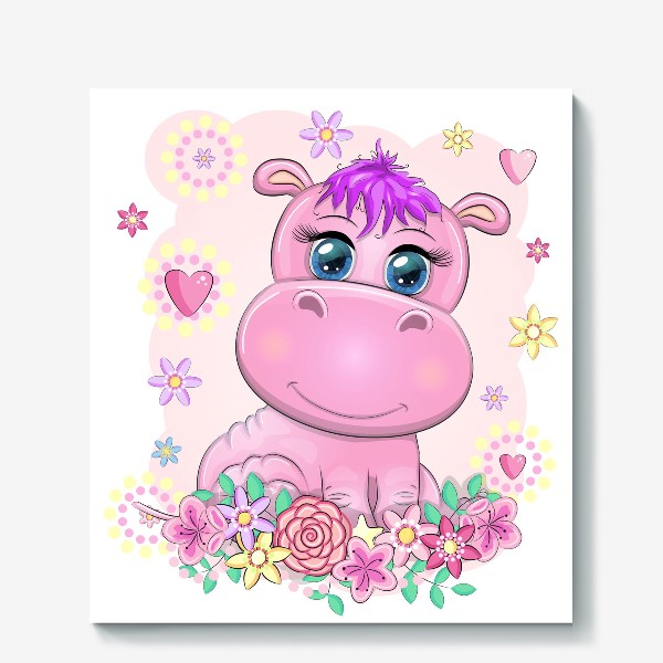 Холст «Розовый бегемотик-девочка в цветах. Детское, в ожидании малыша»