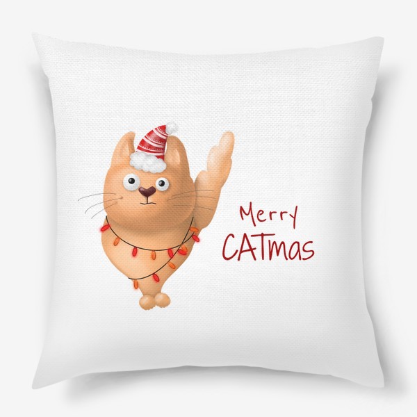 Подушка «Новогодний котик. С Новым годом! Рыжий смешной кот. Новый год, Рождество. Любителям котов. Кошатнику. Смешная надпись»