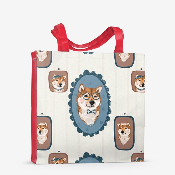 Сумка-шоппер &laquo;Сиба ину. Подарок собачнику. Маленькая рыженькая собака. Паттерн с сиба ину. Милая японская собака. Shiba inu. Семья&raquo;