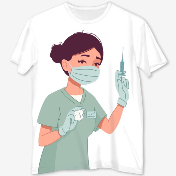 Футболка с полной запечаткой «Женщина врач держит шприц с вакциной»