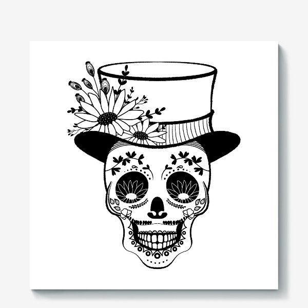 Холст «Черно-белый череп в шляпе с цветами»