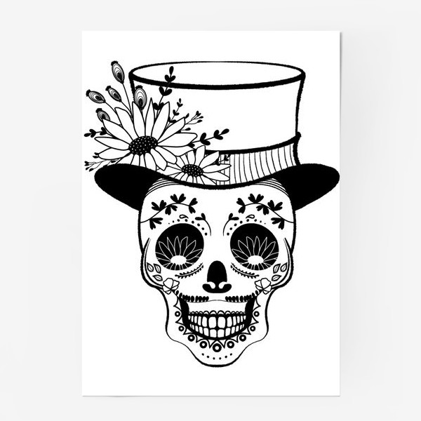Постер &laquo;Черно-белый череп в шляпе с цветами&raquo;