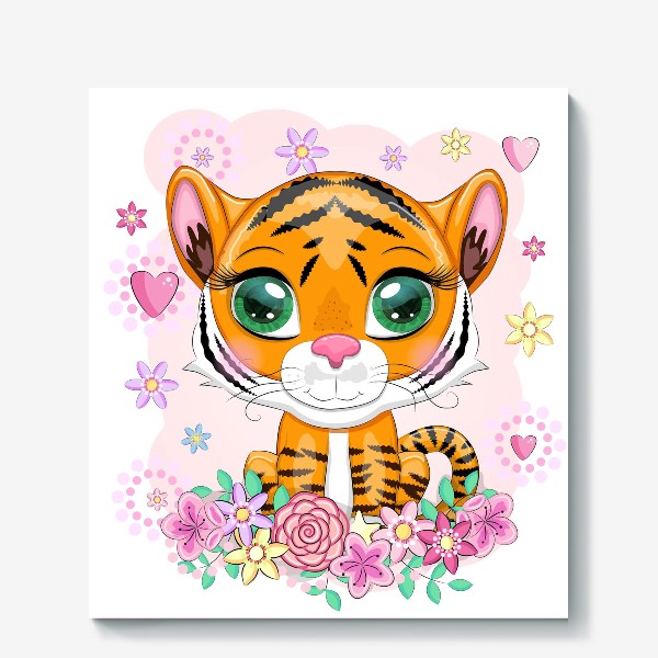 Холст «Милый тигренок в цветах, 2022 год Тигра»