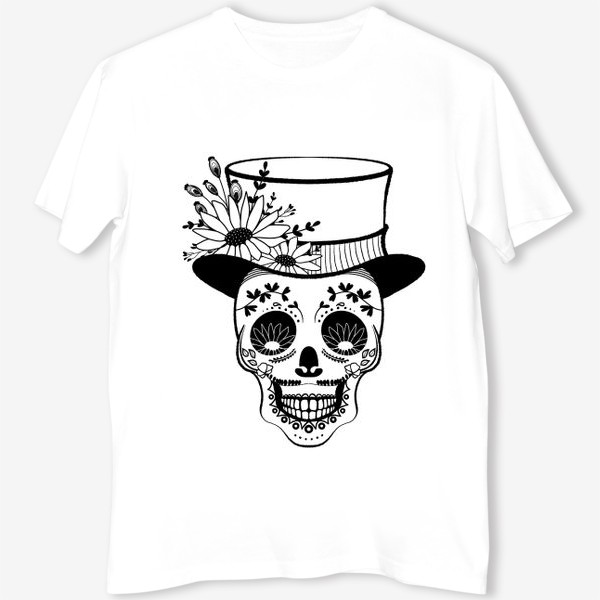 Футболка &laquo;Черно-белый череп в шляпе с цветами&raquo;
