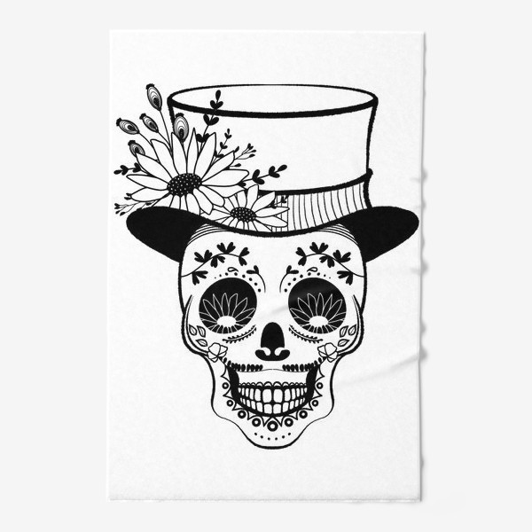 Полотенце &laquo;Черно-белый череп в шляпе с цветами&raquo;
