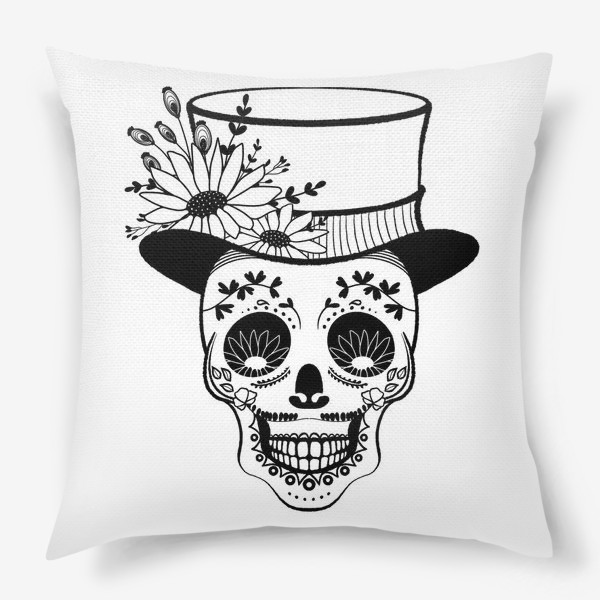 Подушка «Черно-белый череп в шляпе с цветами»