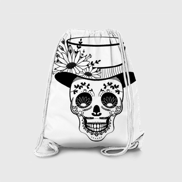 Рюкзак «Черно-белый череп в шляпе с цветами»