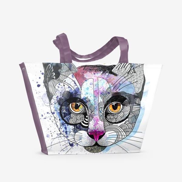 Пляжная сумка «Графичная кошка с акварельными текстурами»