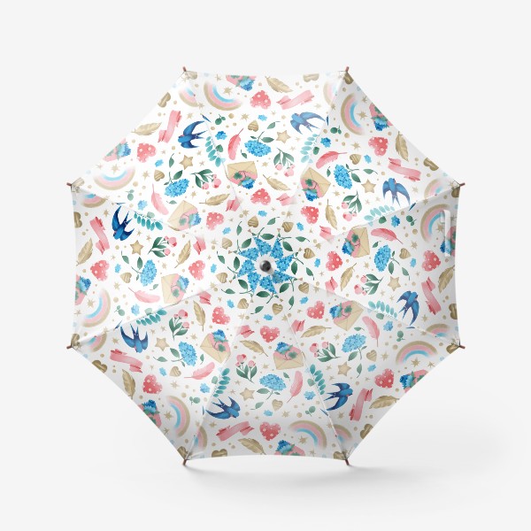 Зонт «Бесшовный паттерн. Романтика, ласточки, конверты, стрекозы и цветы»
