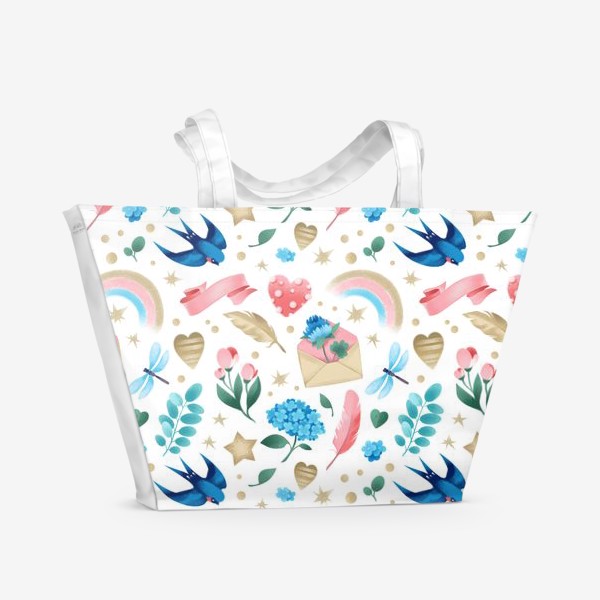 Пляжная сумка «Бесшовный паттерн. Романтика, ласточки, конверты, стрекозы и цветы»
