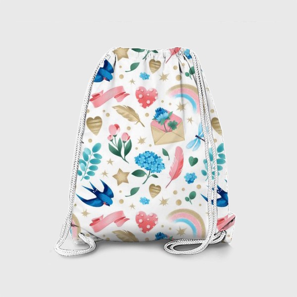Рюкзак «Бесшовный паттерн. Романтика, ласточки, конверты, стрекозы и цветы»