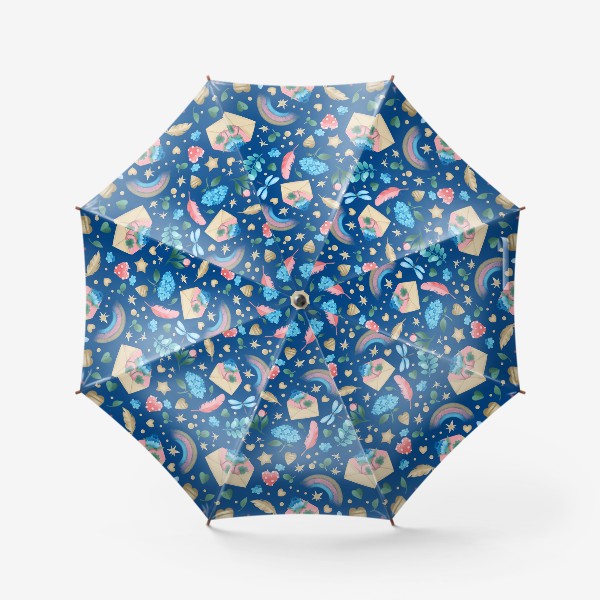 Зонт «Бесшовный паттерн. Цветы и любовные письма на синем фоне»