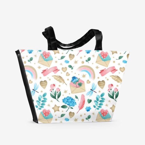 Пляжная сумка &laquo;Бесшовный паттерн. Романтика, перья, конверты, стрекозы и цветы&raquo;