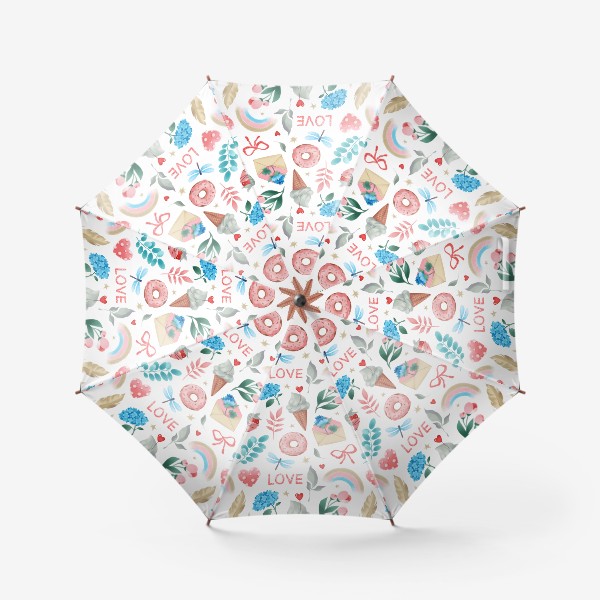 Зонт «Бесшовный паттерн. Пончик, мороженое, клубника и еонверт с цветами (крупно)»