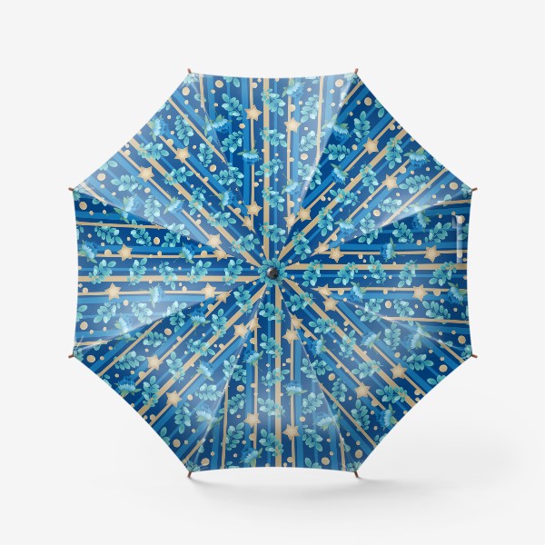Зонт «Бесшовный паттерн. Клевер, акация, и золотые полоски на синем»