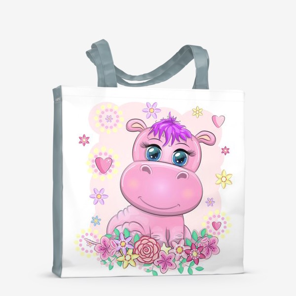 Сумка-шоппер «Розовый бегемотик-девочка в цветах. Детское, в ожидании малыша»