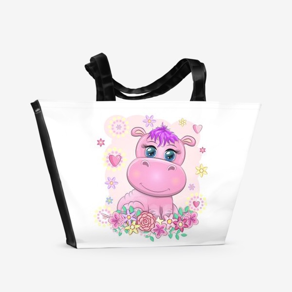 Пляжная сумка «Розовый бегемотик-девочка в цветах. Детское, в ожидании малыша»