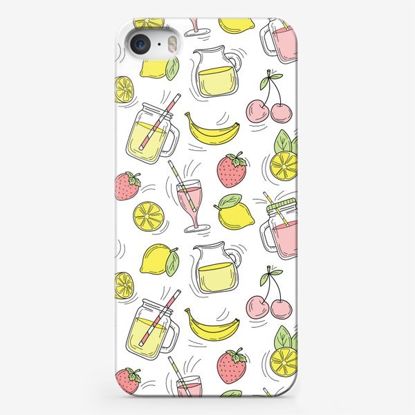Чехол iPhone «Фруктовые лимонады - клубника, банан, лимон, вишня - узор»