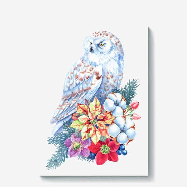Холст &laquo;Зимняя сова. Полярная сова и цветы&raquo;