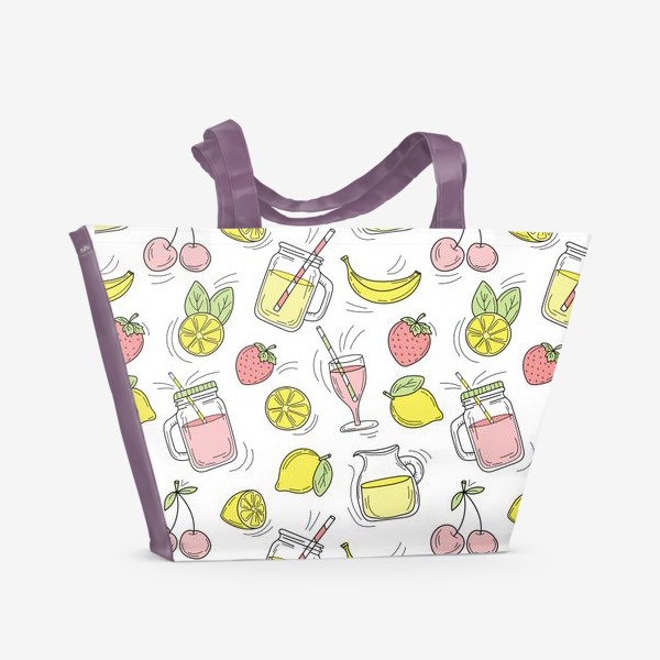 Пляжная сумка &laquo;Фруктовые лимонады - клубника, банан, лимон, вишня - узор&raquo;