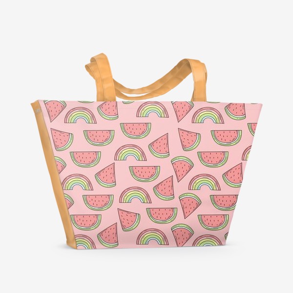 Пляжная сумка «Арбуз и радуга - летний узор на розовом фоне»