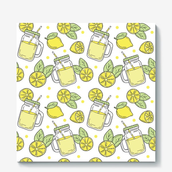 Холст &laquo;Лимонад - напиток из лимонов - желтый летний узор на белом фоне&raquo;