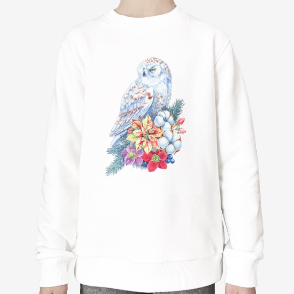 Свитшот «Зимняя сова. Полярная сова и цветы»