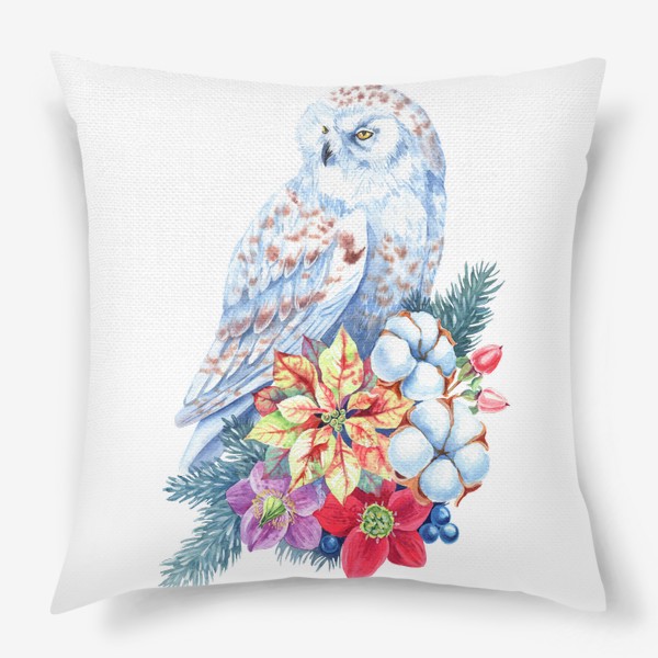 Подушка «Зимняя сова. Полярная сова и цветы»