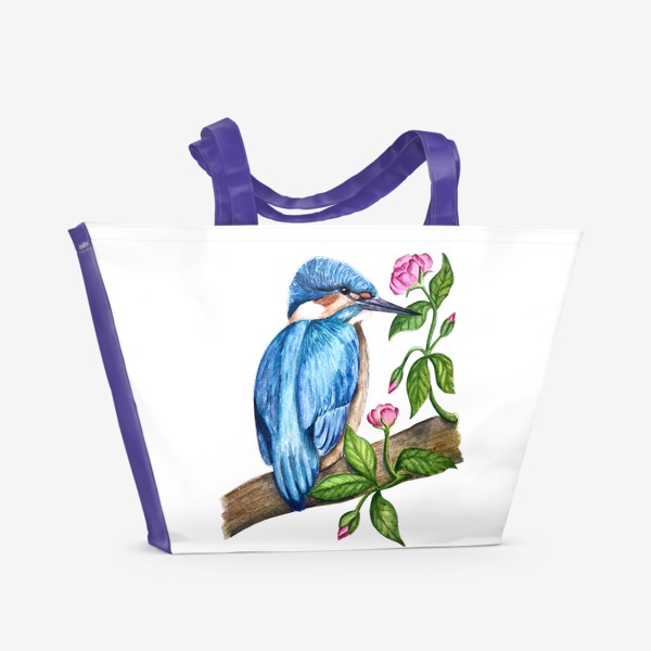 Пляжная сумка «Зимородок. Птица и цветы. Акварель»