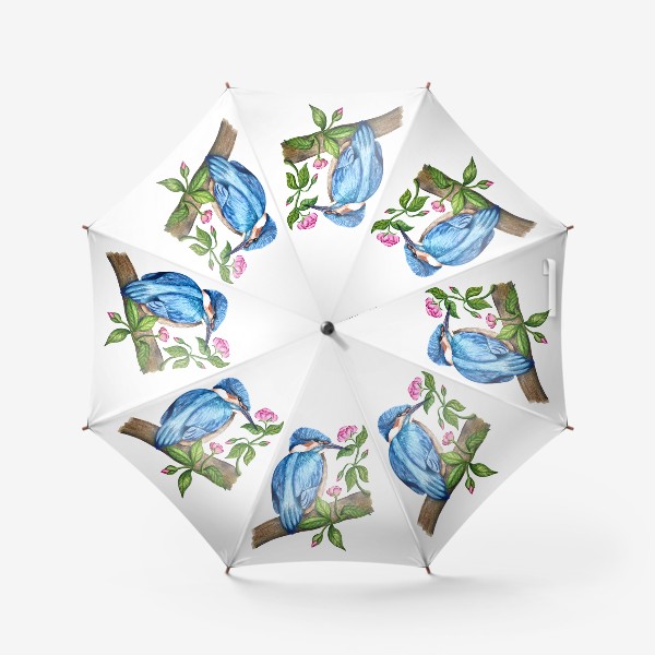 Зонт «Зимородок. Птица и цветы. Акварель»