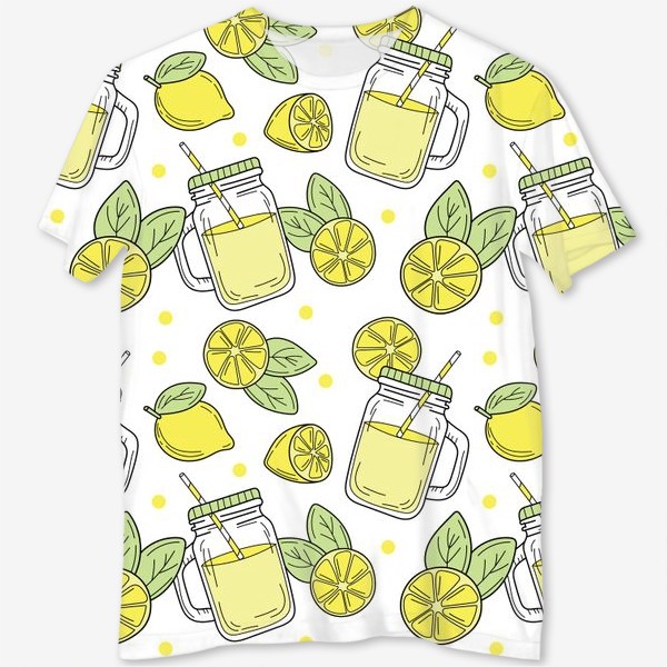 Футболка с полной запечаткой «Лимонад - напиток из лимонов - желтый летний узор на белом фоне»