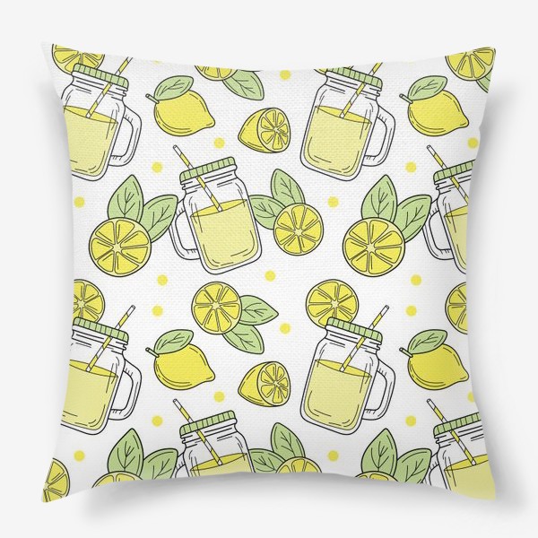 Подушка «Лимонад - напиток из лимонов - желтый летний узор на белом фоне»