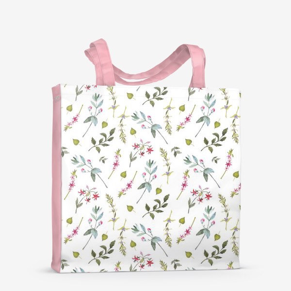 Сумка-шоппер «Розовые цветы  и листья на белом фоне»