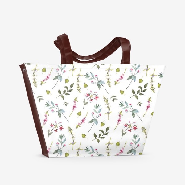 Пляжная сумка «Розовые цветы  и листья на белом фоне»