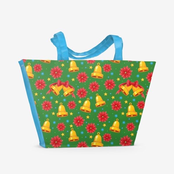 Пляжная сумка «Колокольчики и красные цветы на зеленом фоне.»