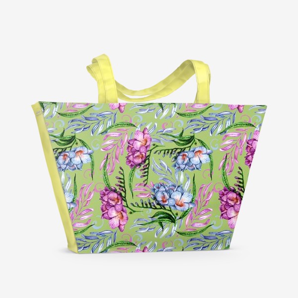 Пляжная сумка «Чудесные акварельные фрезии на фоне оттенка киви»