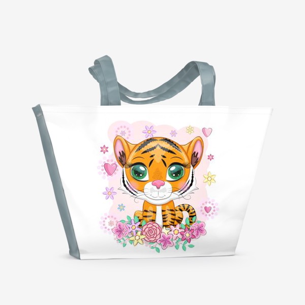 Пляжная сумка «Милый тигренок в цветах, 2022 год Тигра»