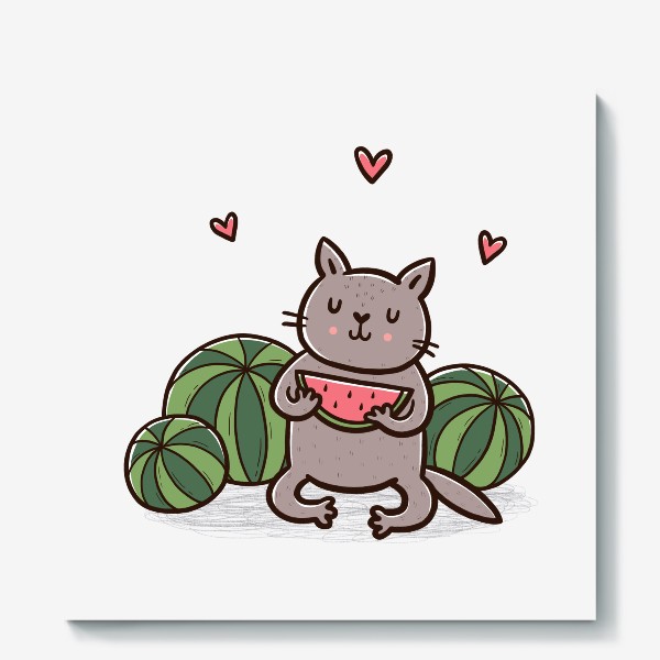 Холст «Милый котик с арбузами и сердечками»