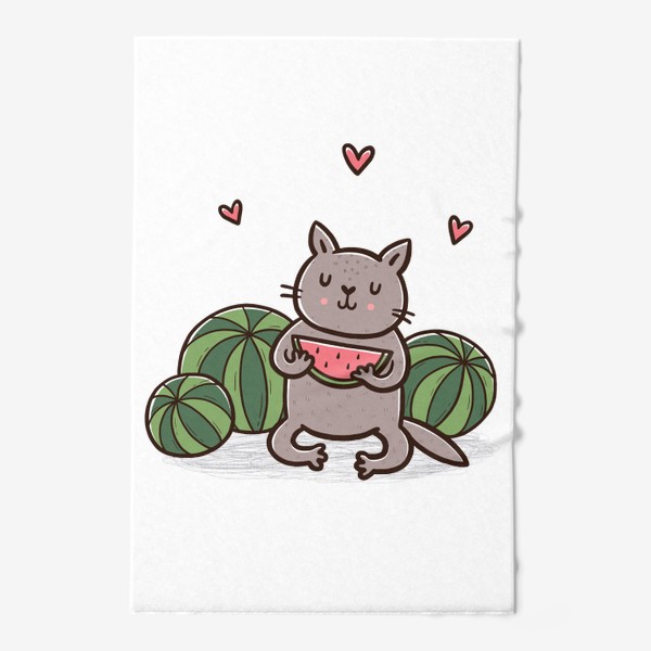 Полотенце «Милый котик с арбузами и сердечками»
